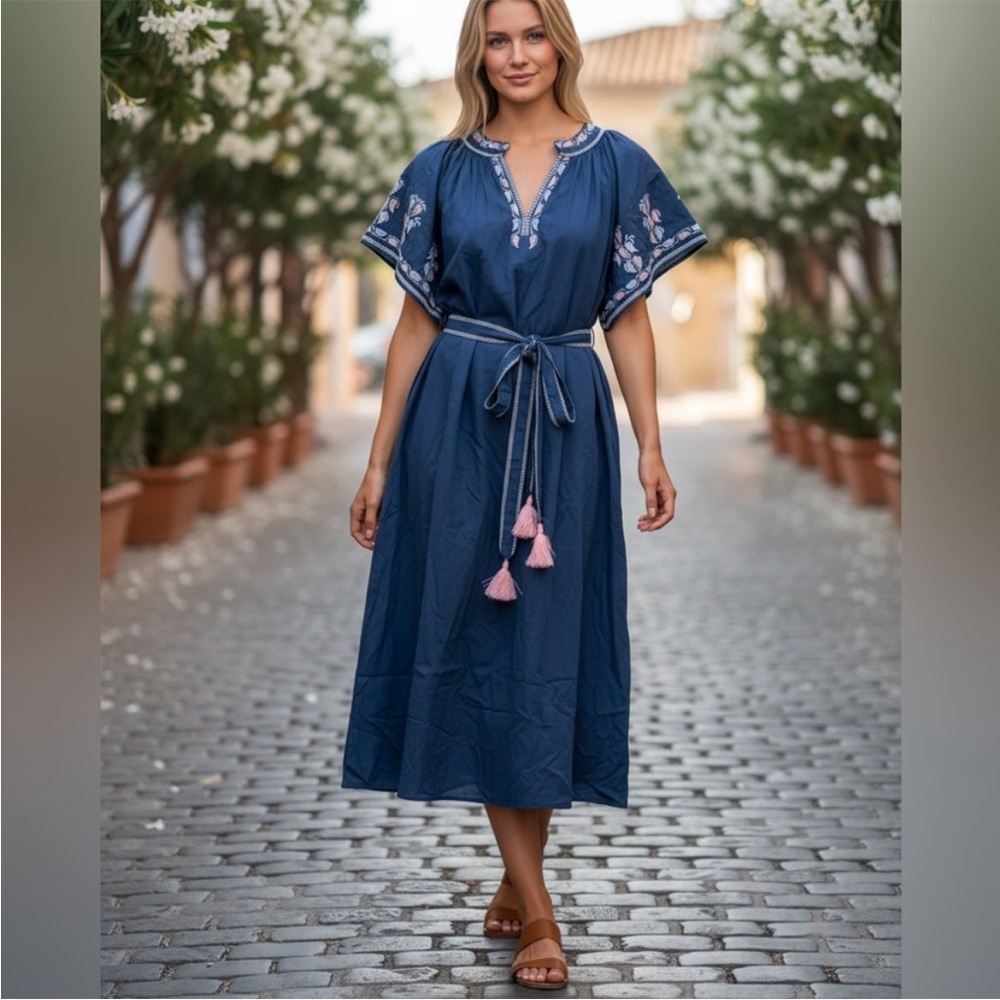 Ex Voto Bri Embroidered Short Sleeve Cotton Midi Dress Size XS/S In Blue